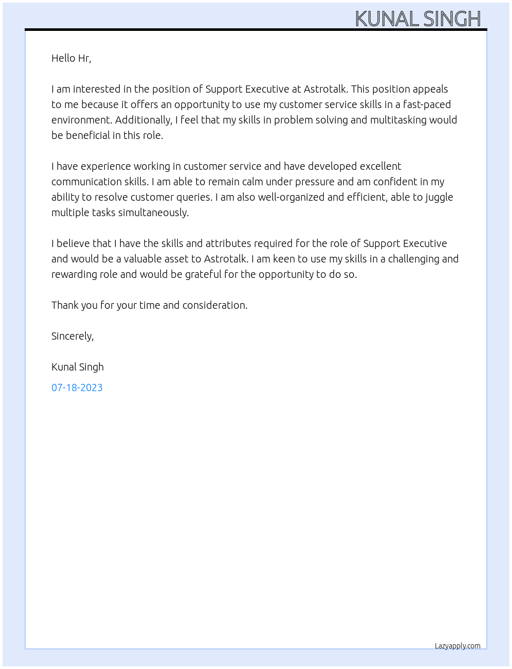 Support executive  At Astrotalk Cover Letter