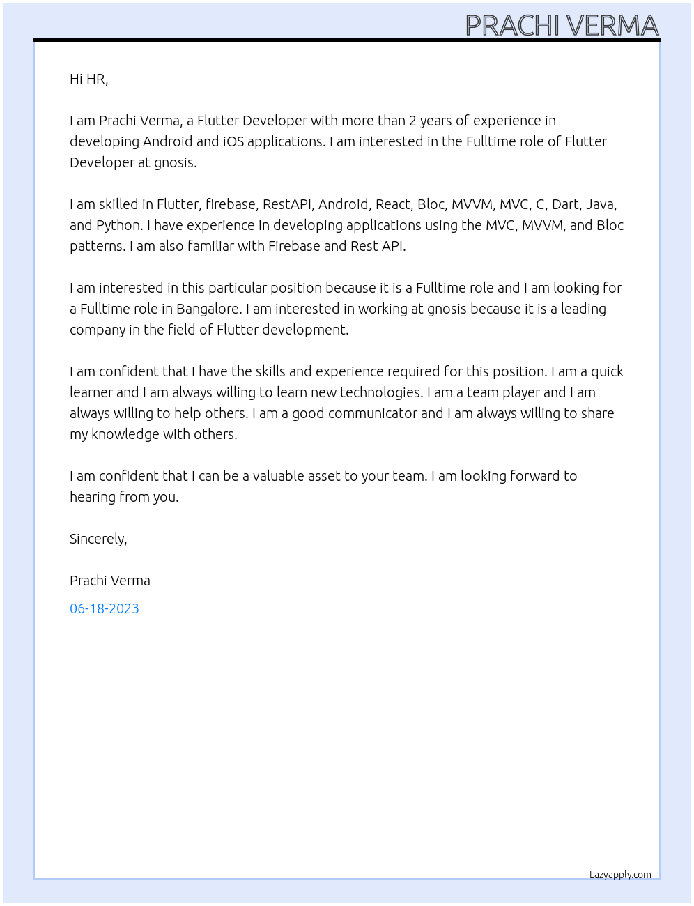 Flutter Developer At gnosis Cover Letter