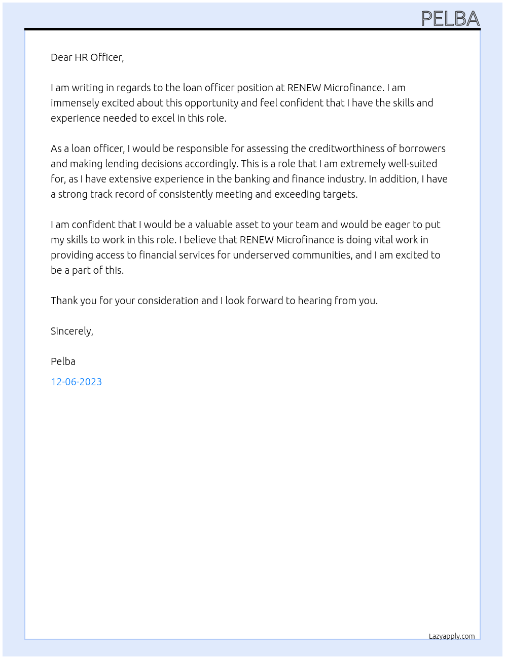 loan officer At RENEW Microfinance Cover Letter