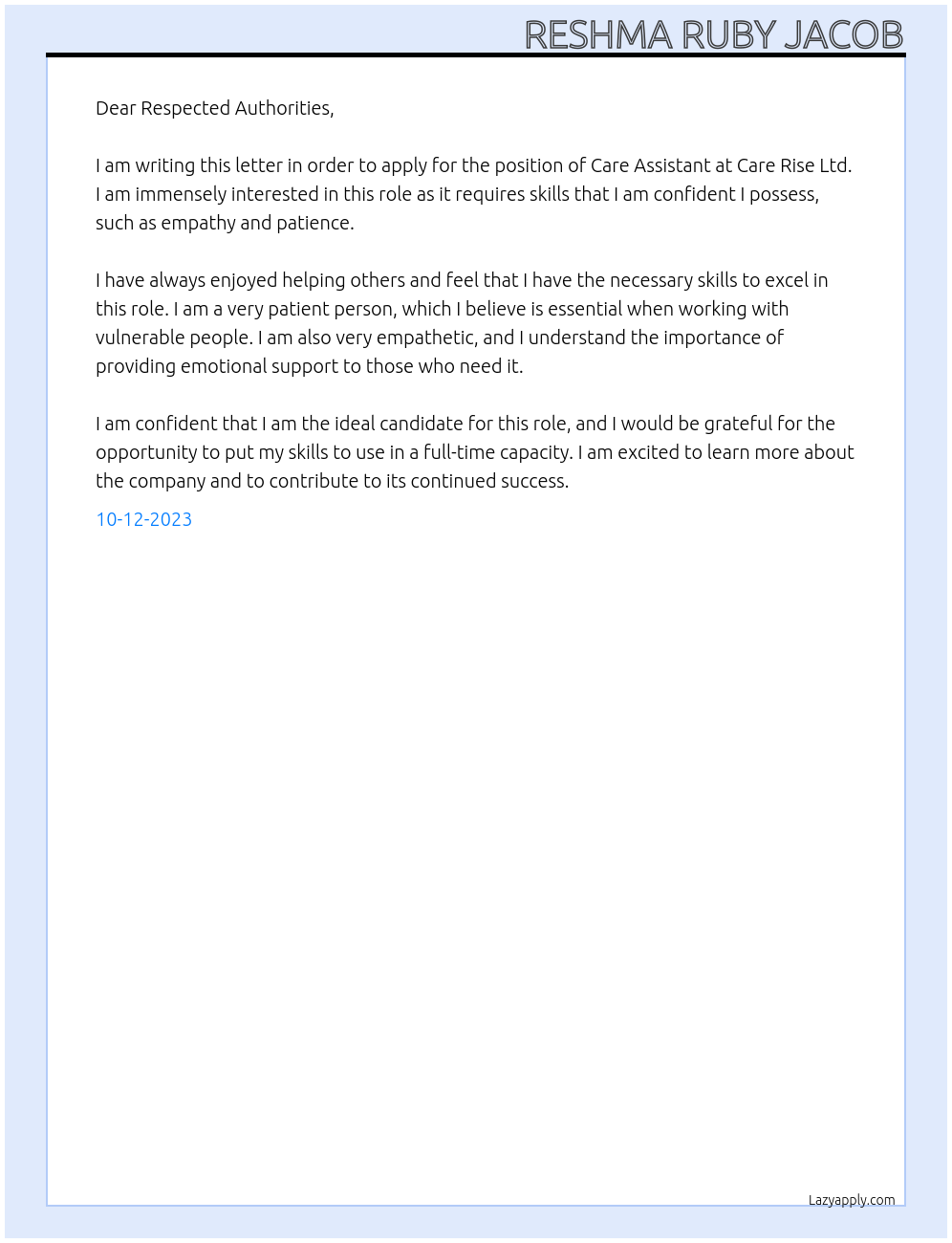 Care Assistant  At Care Rise Ltd Cover Letter