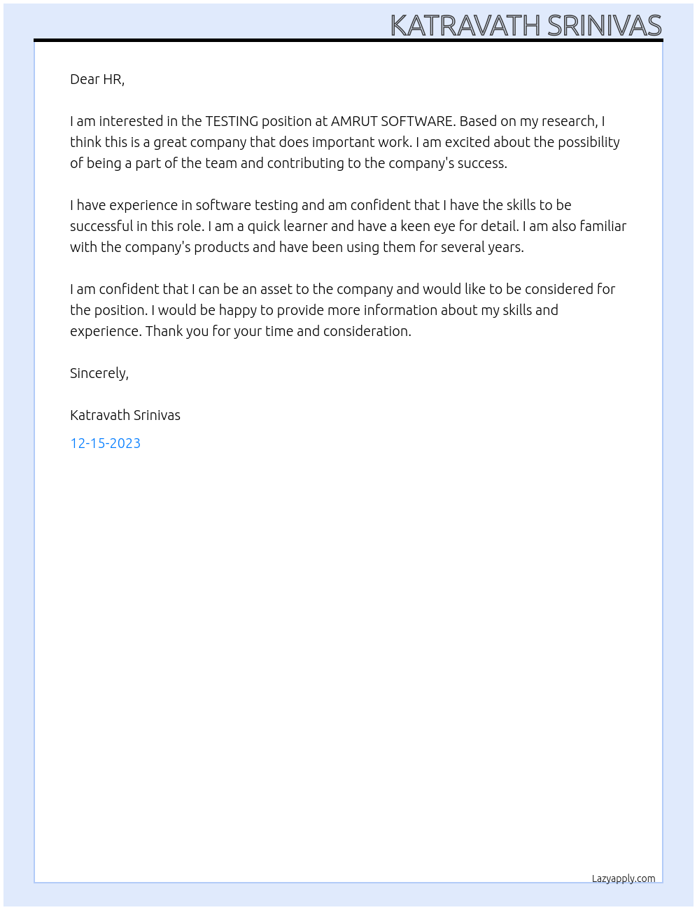 TESTING At AMRUT SOFTWARE Cover Letter