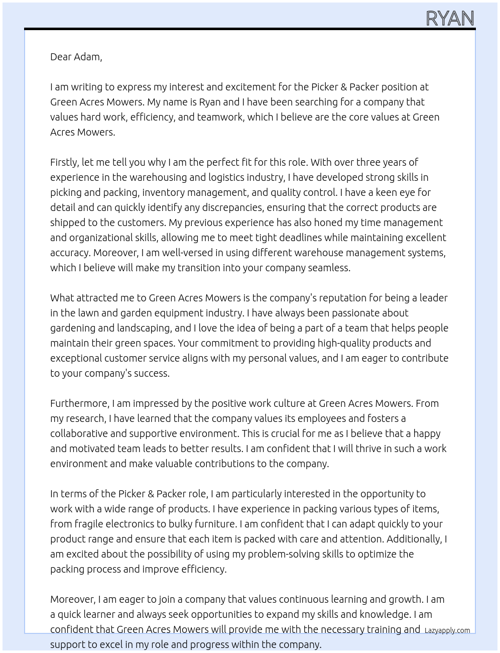 Picker & Packer At Green Acres Mowers Cover Letter