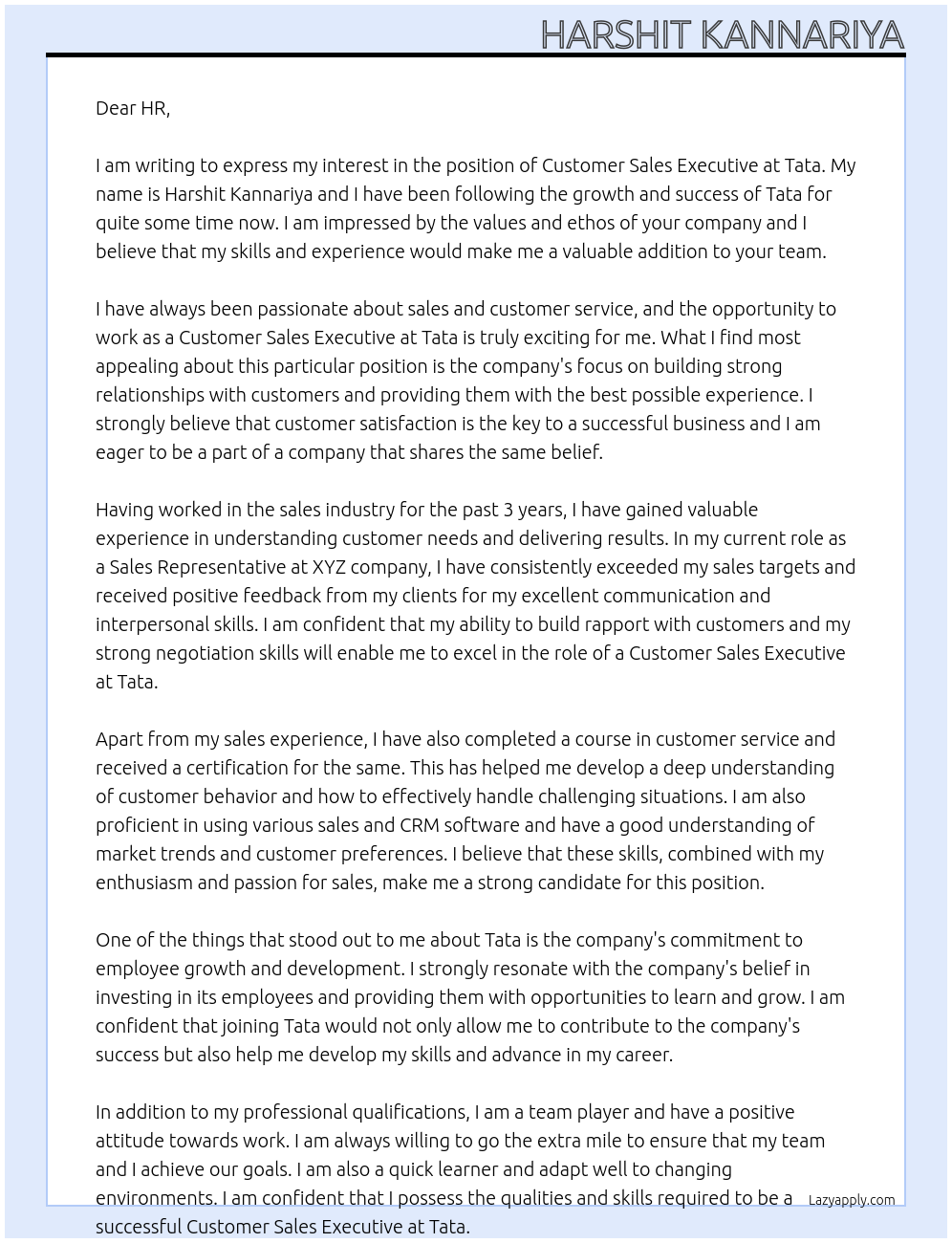Customer Sales Executive At Tata Cover Letter