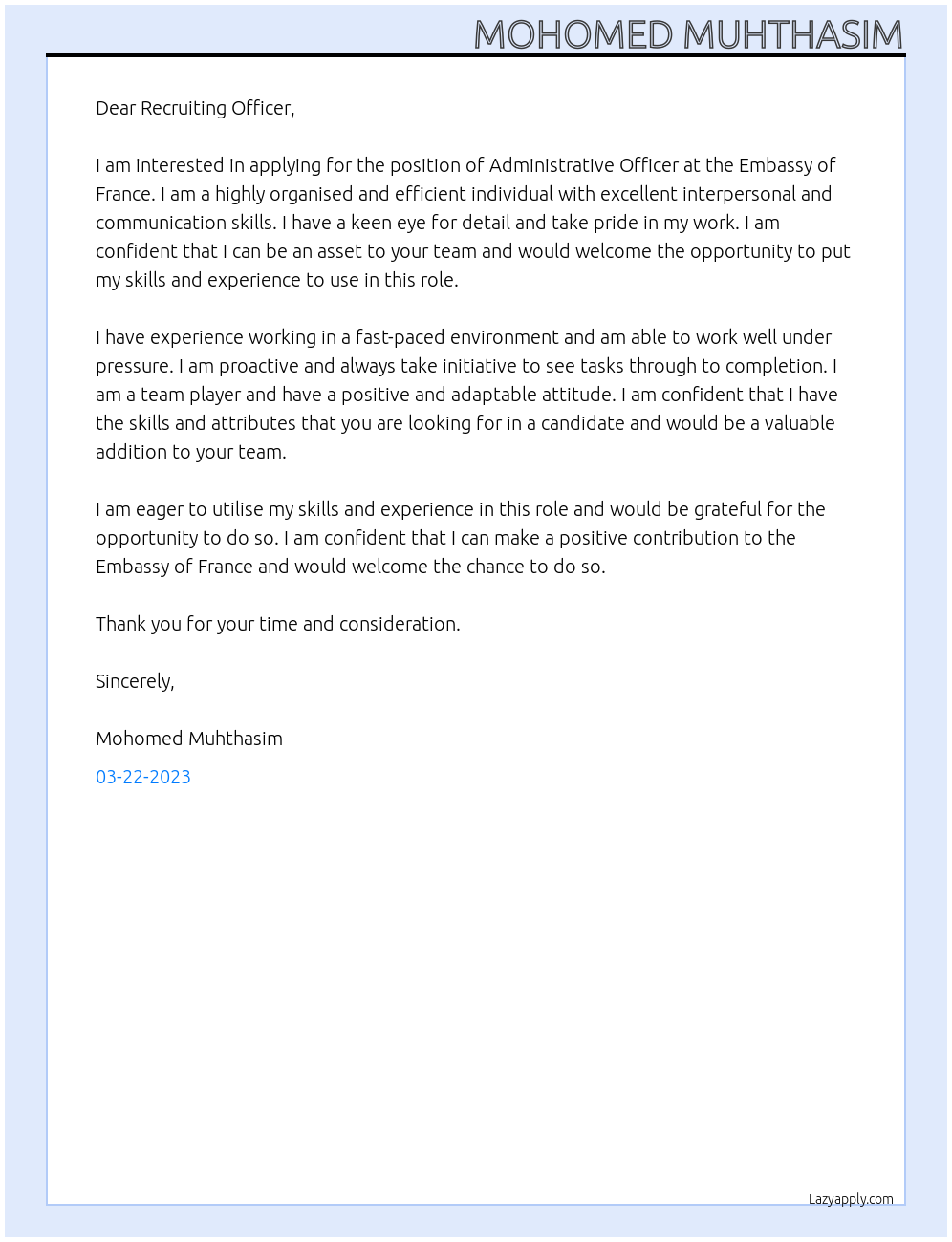 Administrative officer At Embassy of france Cover Letter