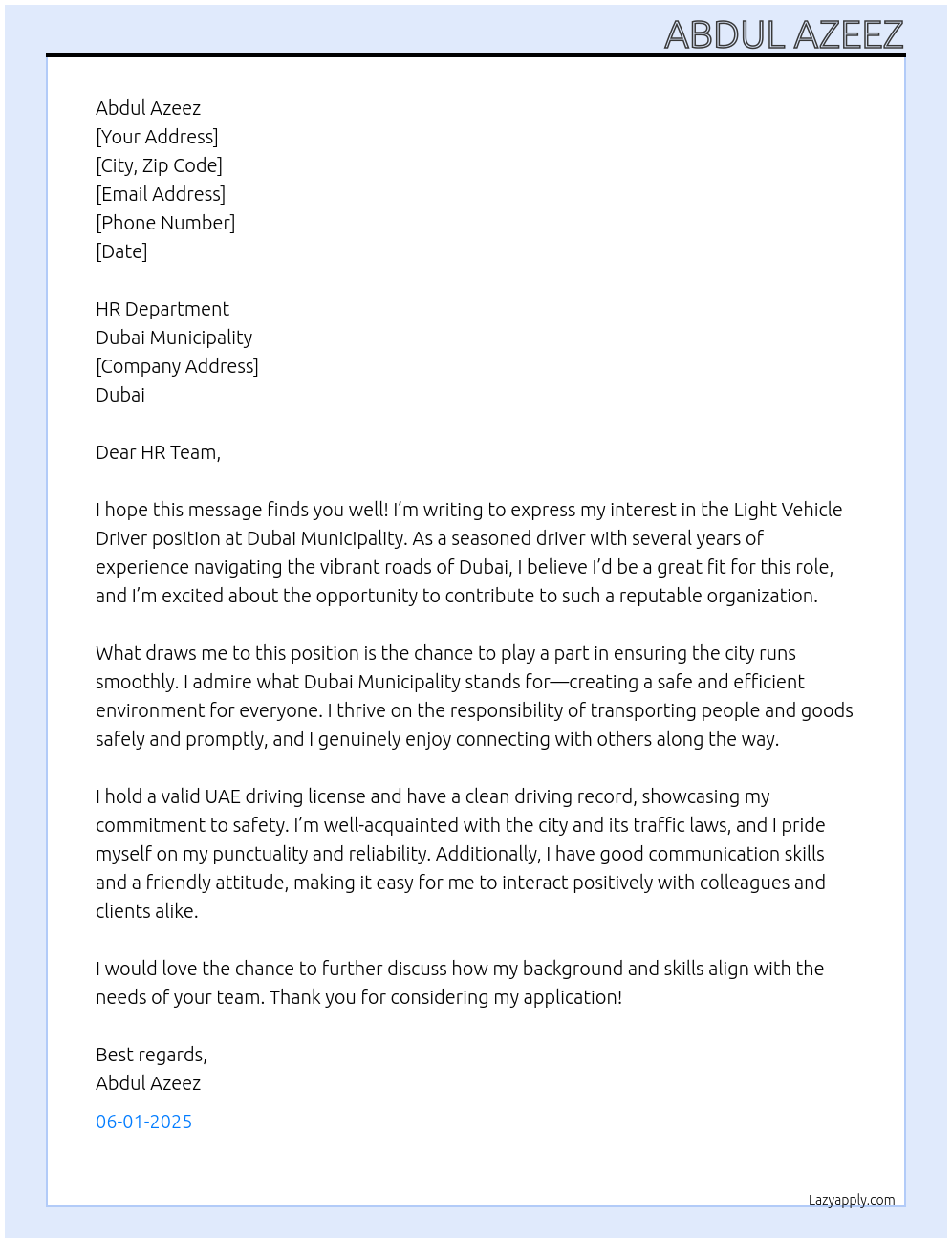 Light vehicle driver At Dubai municipality Cover Letter