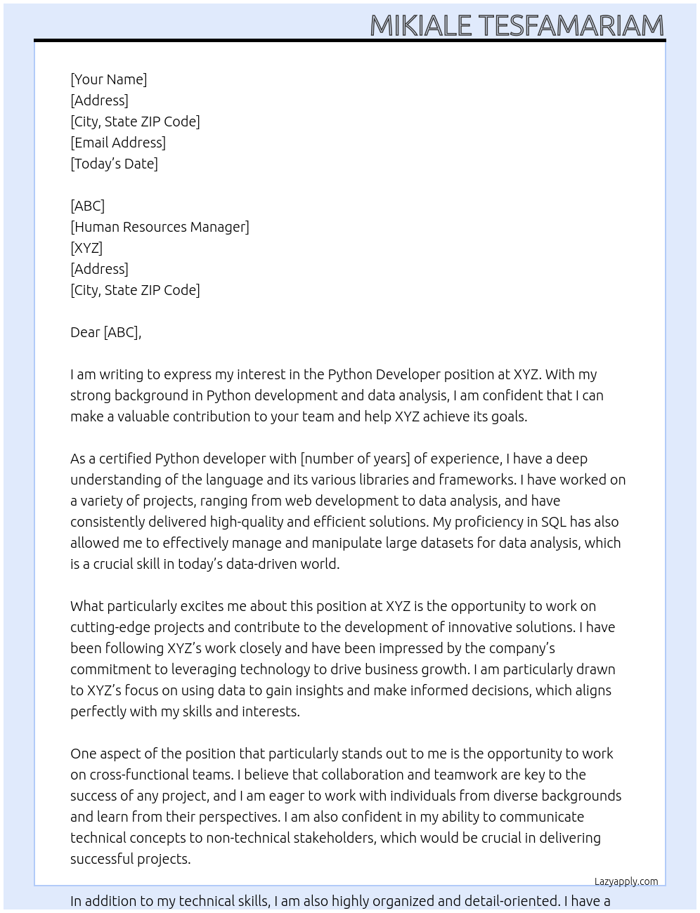 Python Developer At XYZ Cover Letter