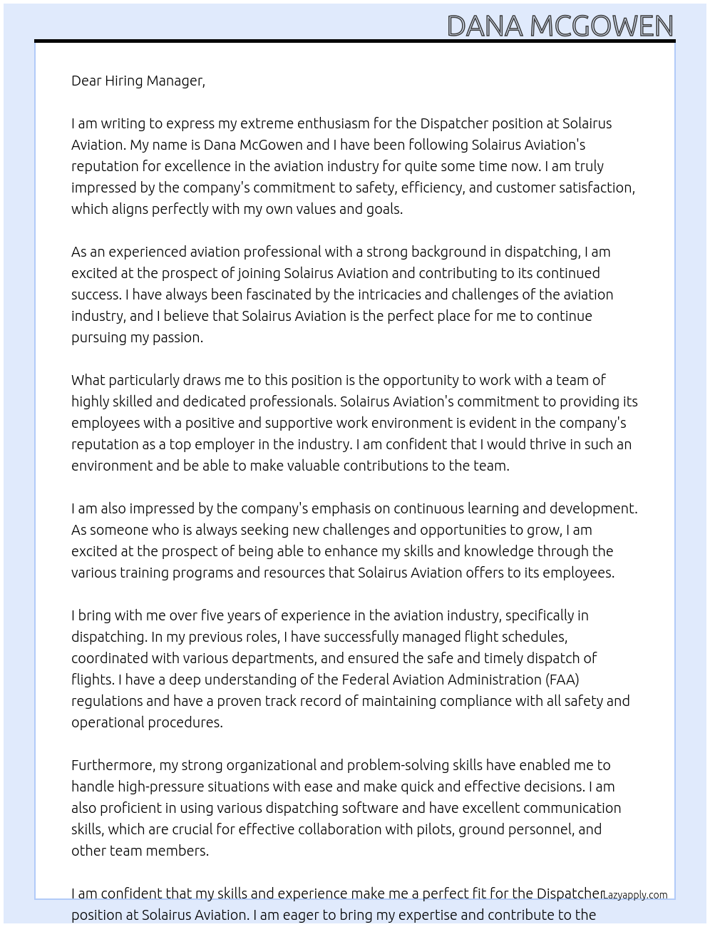 DISPATCHER At Solairus Aviation Cover Letter