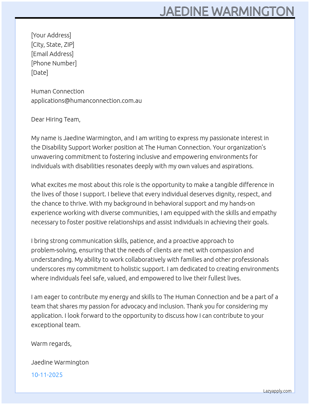 Cover letter for disability support worker - LazyApply