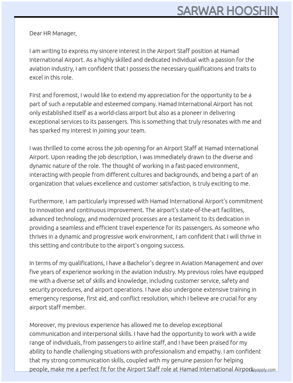 Airport staff At Hamad international airport Cover Letter