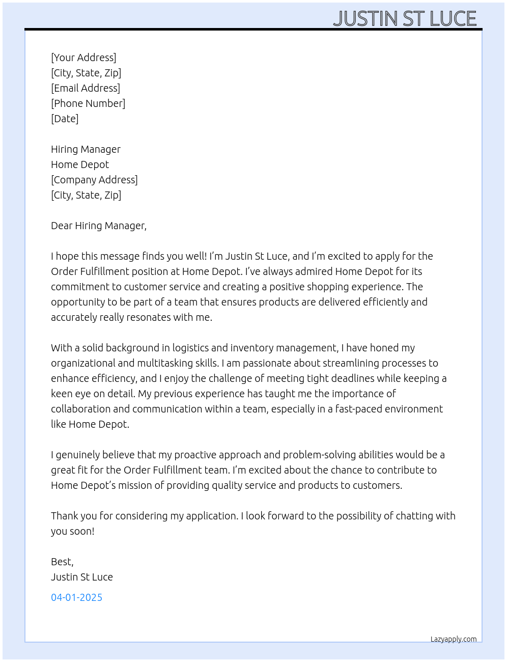 Order Fulfillment At Home Depot Cover Letter