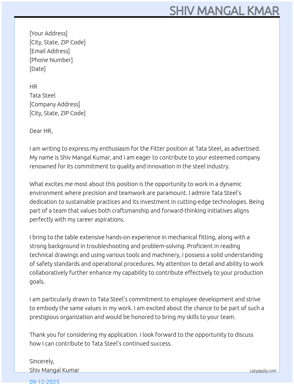 Fitter At Tata Steel Cover Letter