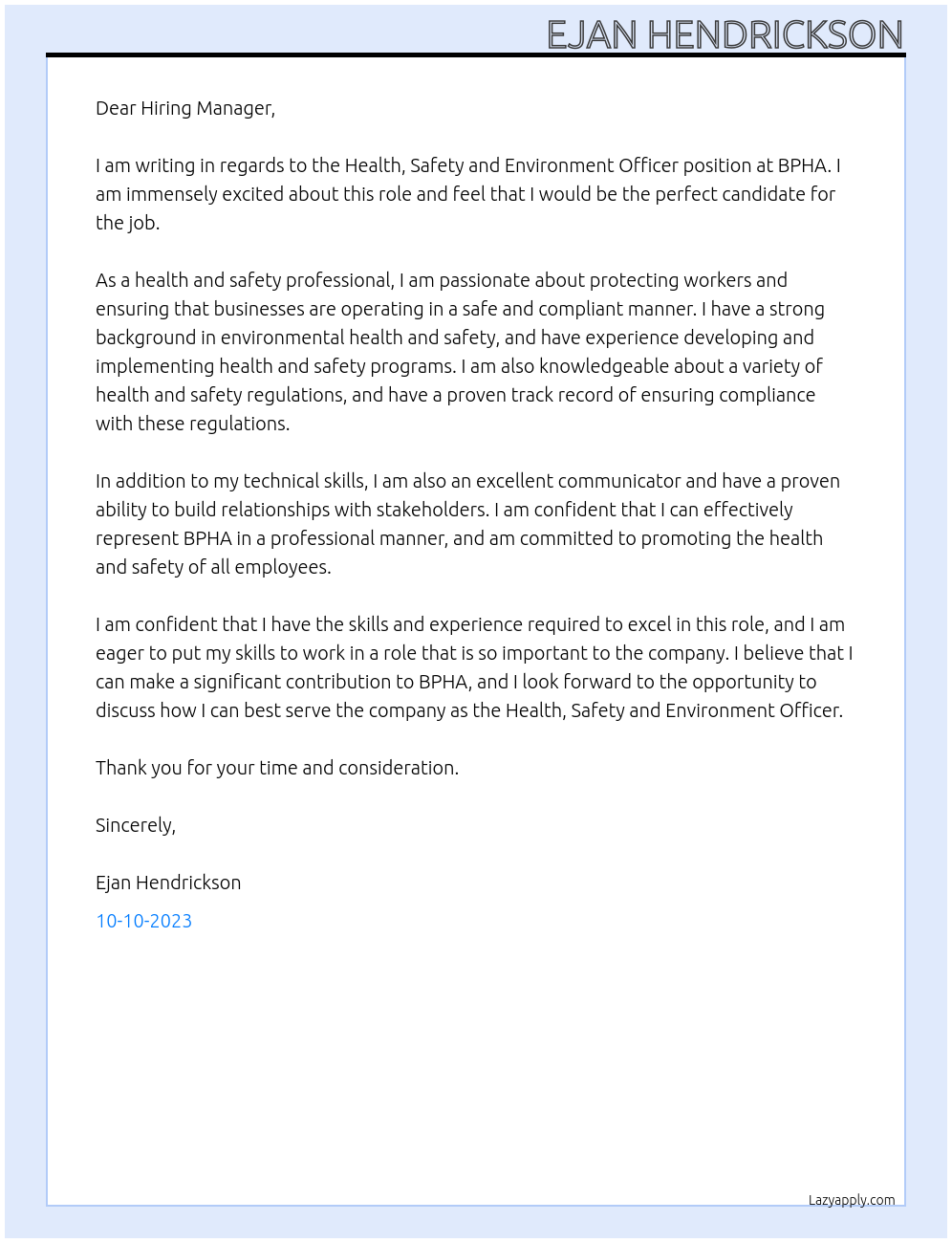 Health, Safety and Environment Officer At BPHA Cover Letter
