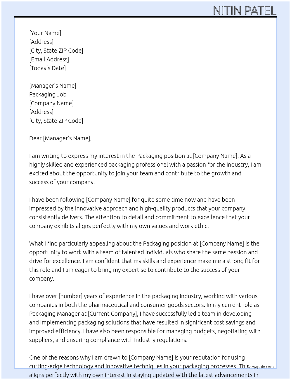 Packaging  At Packaging job  Cover Letter