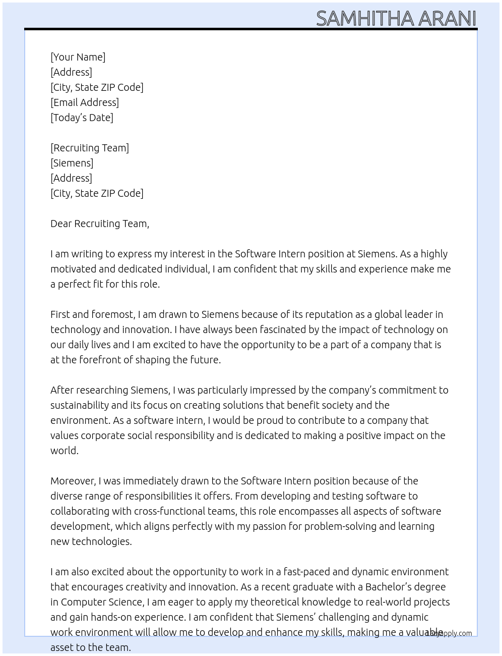 software Intern At siemens Cover Letter