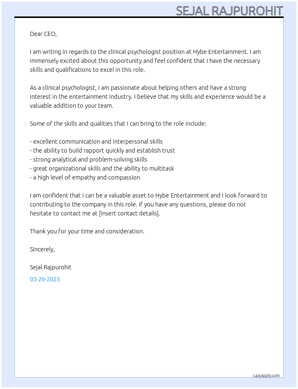 clinical psychologist At hybe entertainment Cover Letter