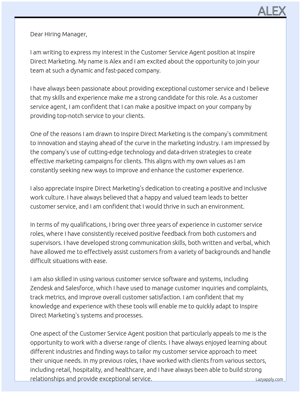 Customer Service Agent At Inspire Direct Marketing Cover Letter