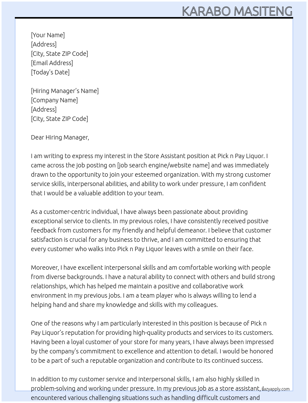 Store assistant At Pick n Pay liquor Cover Letter