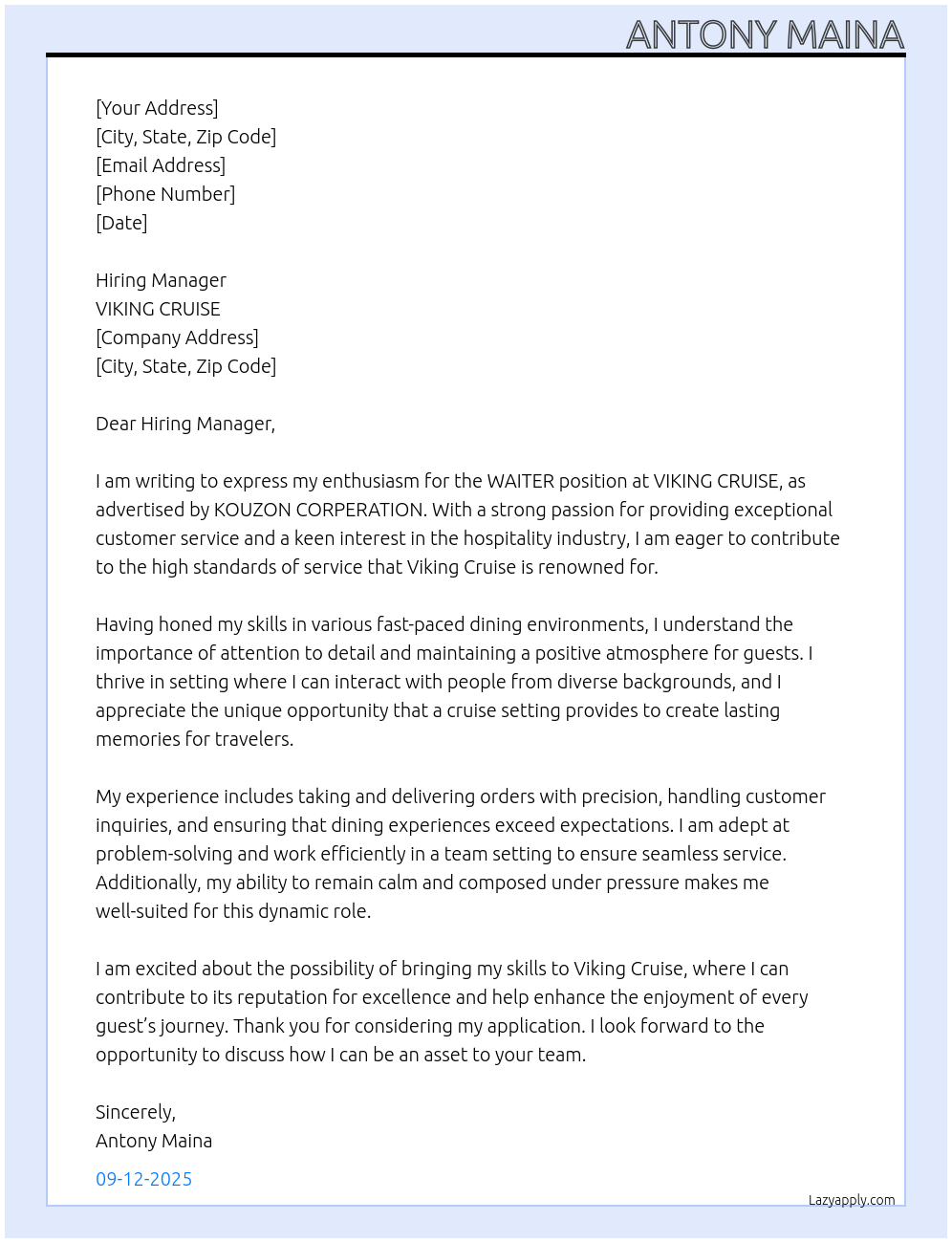 WAITER At VIKING CRUISE Cover Letter