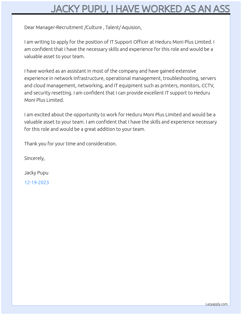 IT Support Officer At Heduru Moni Plus Limited- Cover Letter