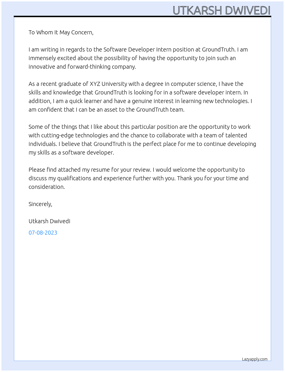 Software Developer Intern At GroundTruth Cover Letter