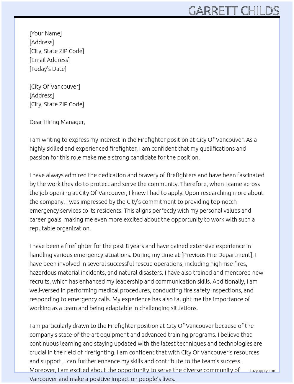 Firefighter At City Of Vancouver Cover Letter