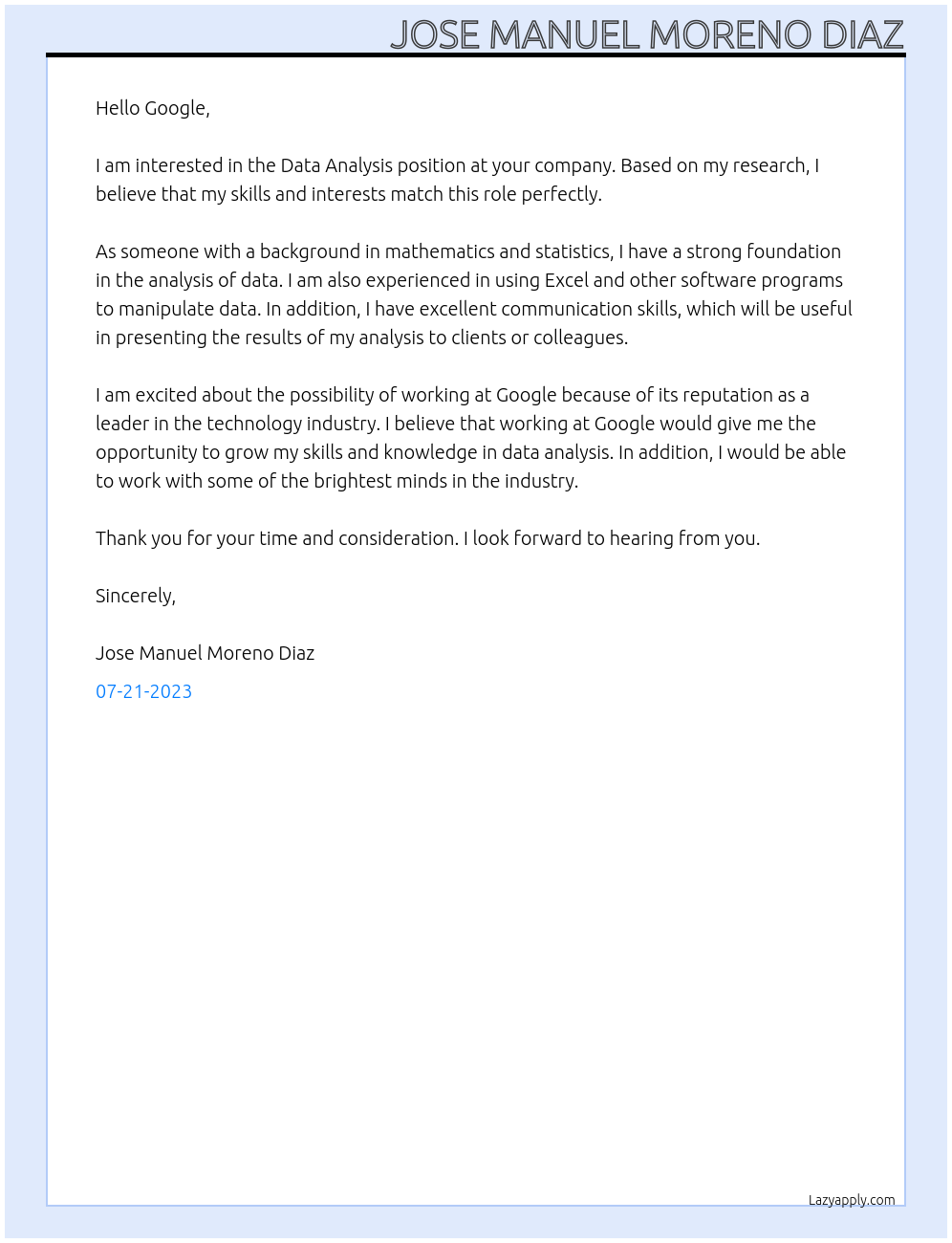 data analysis At google Cover Letter