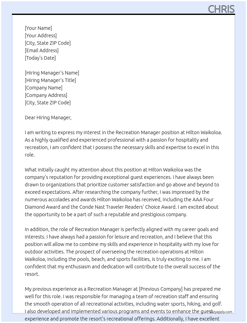 Recreation Manager At Hilton Waikoloa Cover Letter