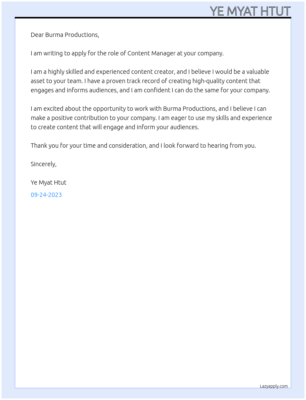 Content Manager At Burma Productions Cover Letter