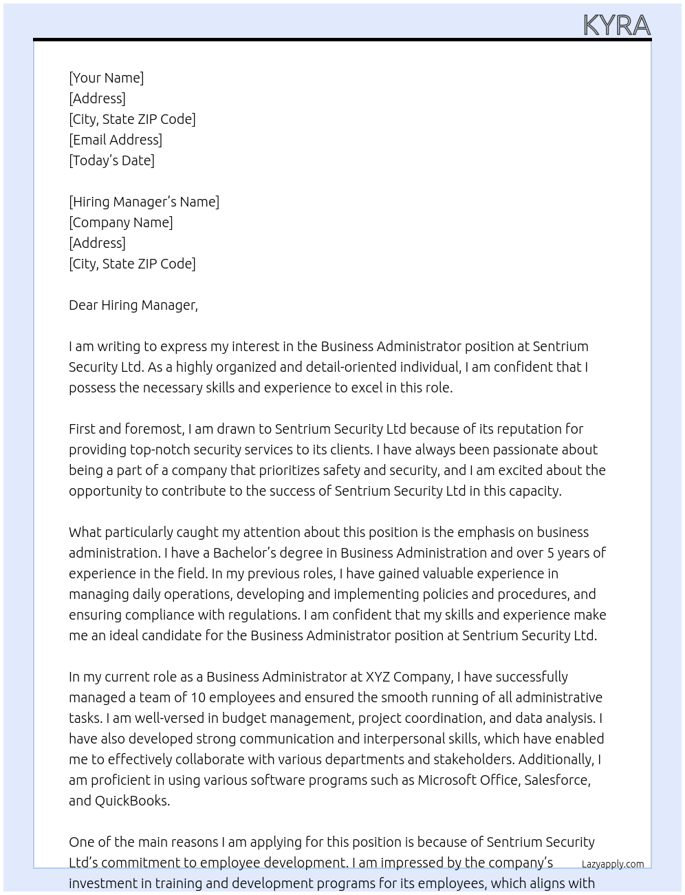 Business Administrator At Sentrium Security Ltd Cover Letter