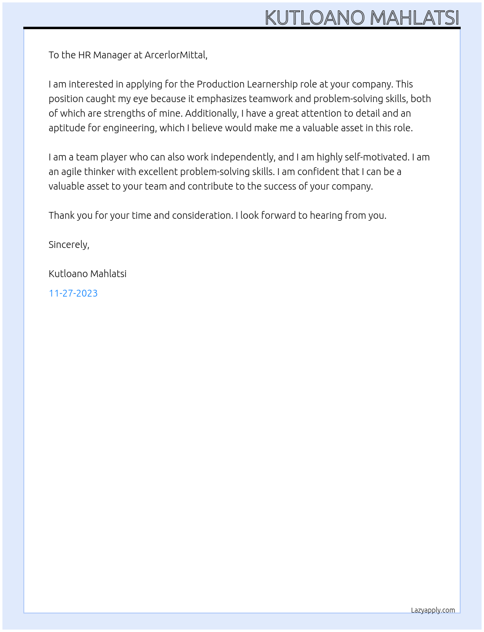 Production Learnership At ArcerlorMittal  Cover Letter