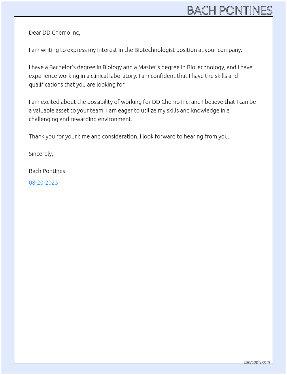 Biotechnologist At DD Chemo Inc Cover Letter
