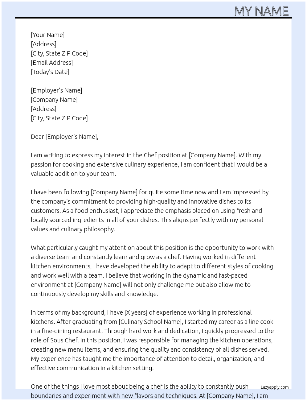 chef At company Cover Letter