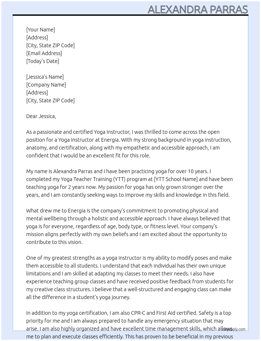 Yoga Instructor At Energia Cover Letter