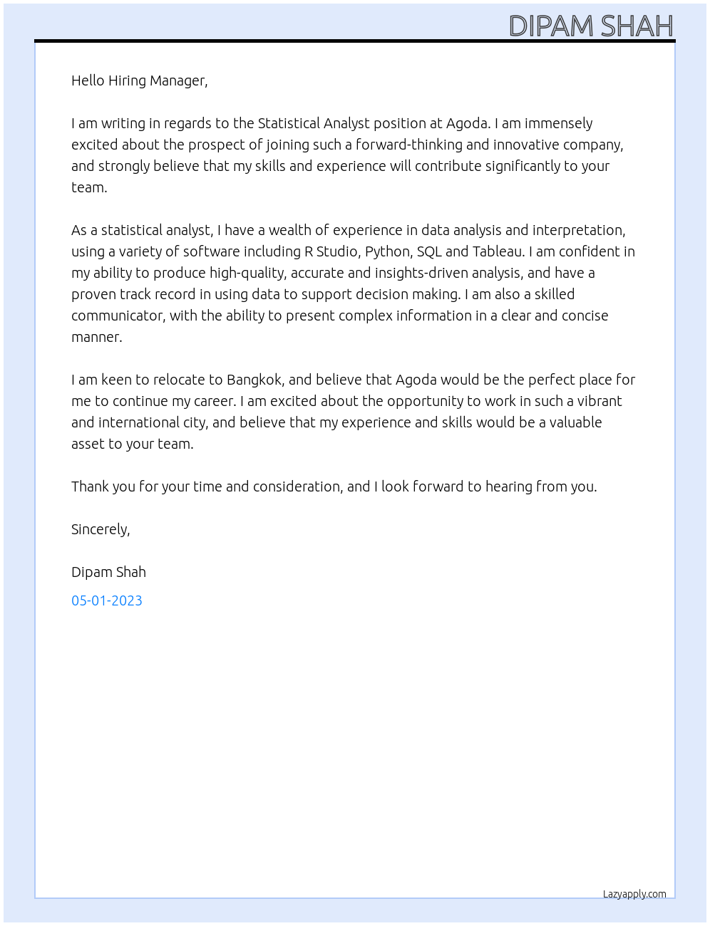 Statistical Analyst At Agoda Cover Letter