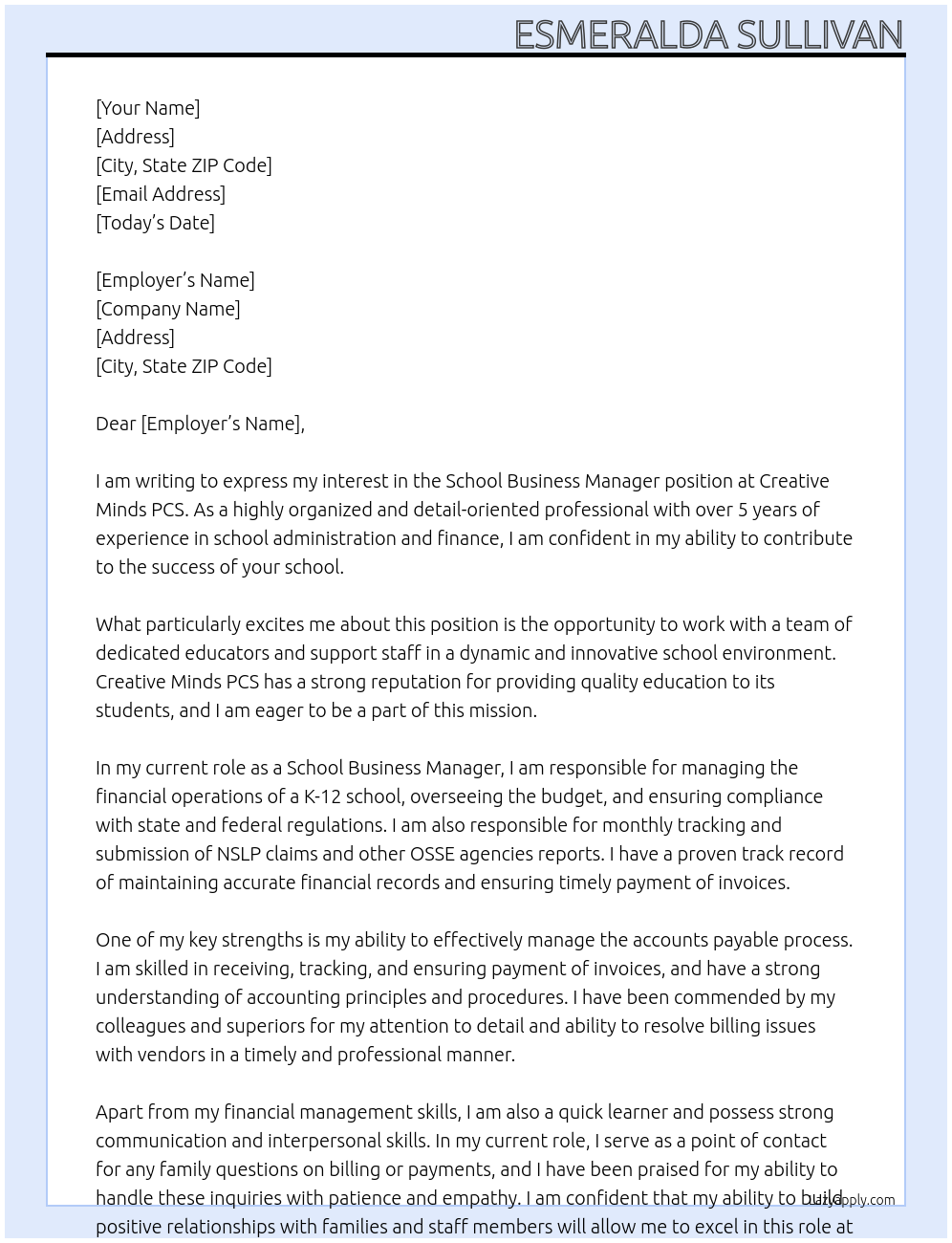 School Business Manager At Creative Minds PCS Cover Letter