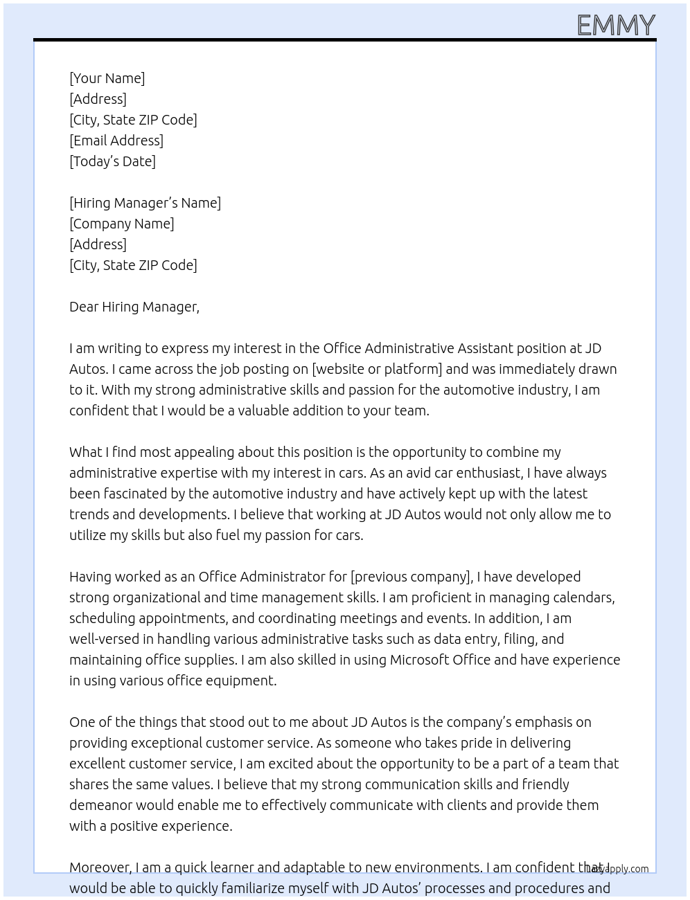 Office administrative assistant At JD Autos Cover Letter