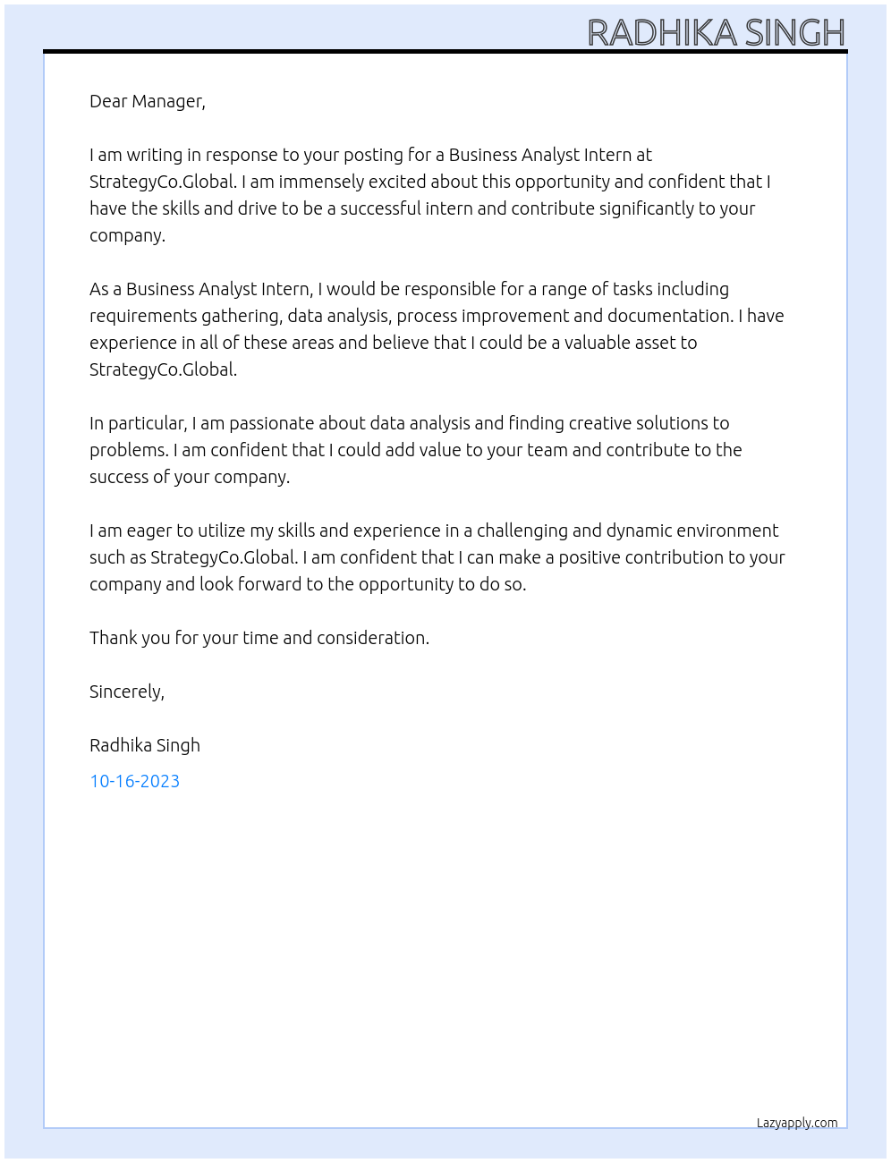 Business Analyst Intern At StrategyCo.Global Cover Letter