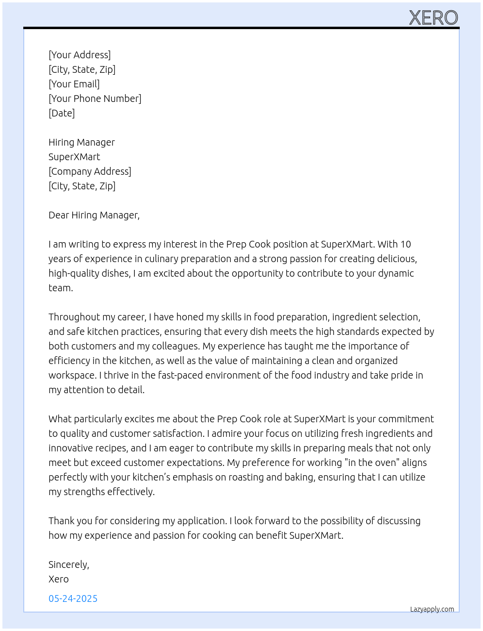 Prep Cook At SuperXMart Cover Letter
