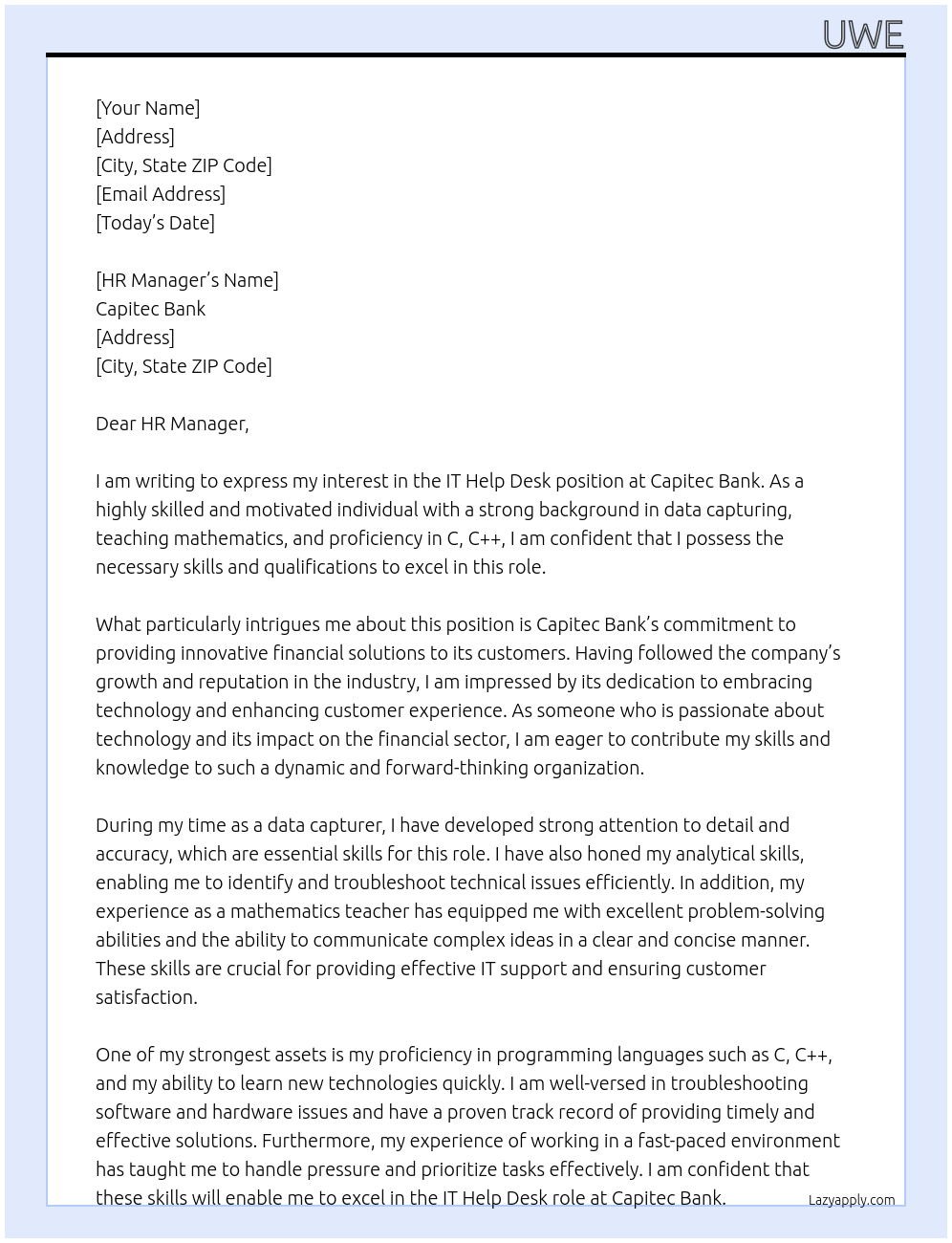 IT Help Desk At Capitec Bank Cover Letter