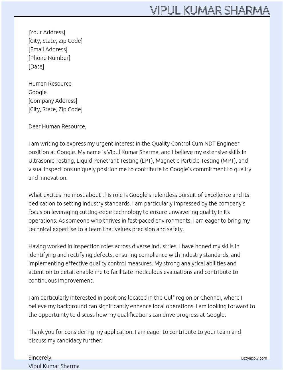 Quality Control Cum NDT engineer At Google Cover Letter