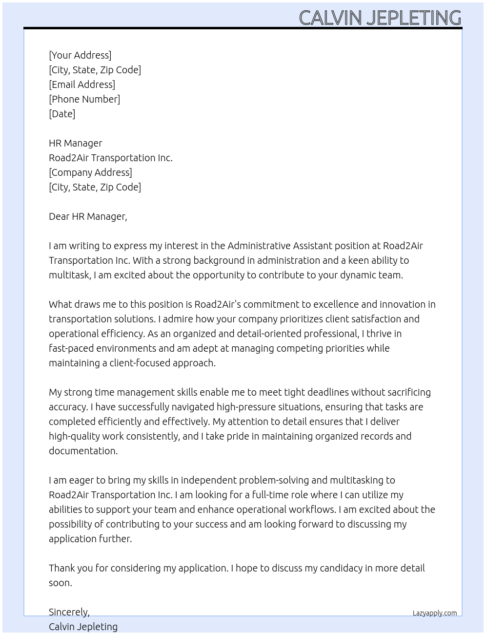 Administrative assistant At Road2Air Transportation Inc. Cover Letter