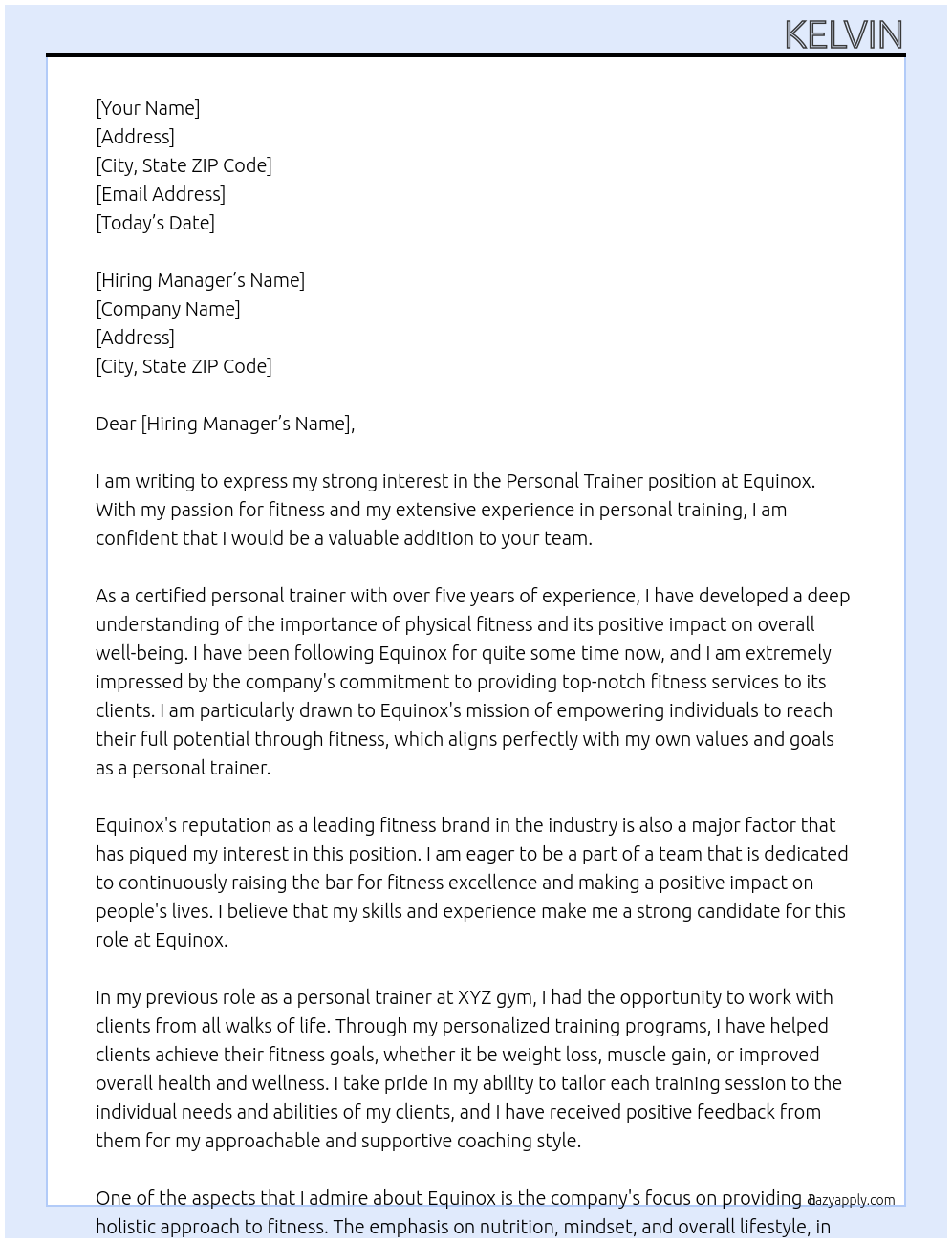 personal trainer At Equinox Cover Letter