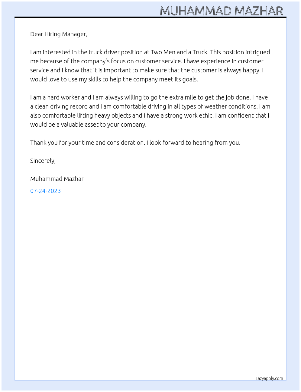 Truck driver At Two Men and a Truck Cover Letter