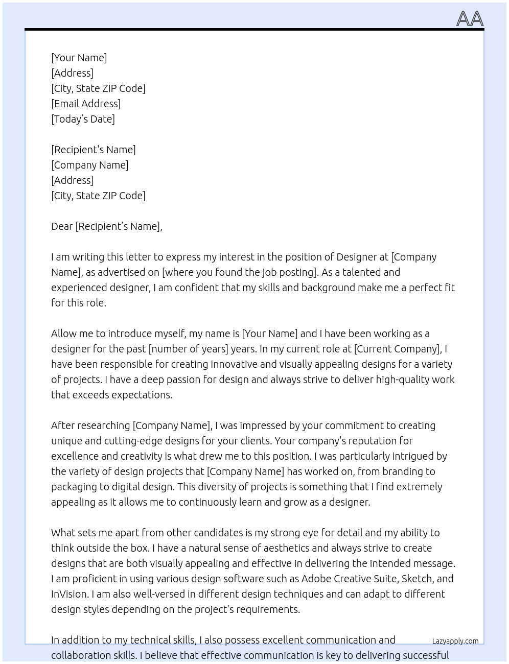 designewr At aa Cover Letter