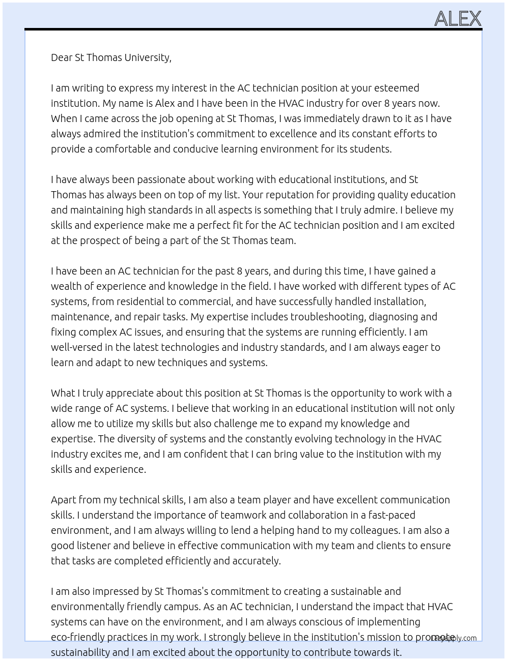 AC technician At St Thomas Cover Letter