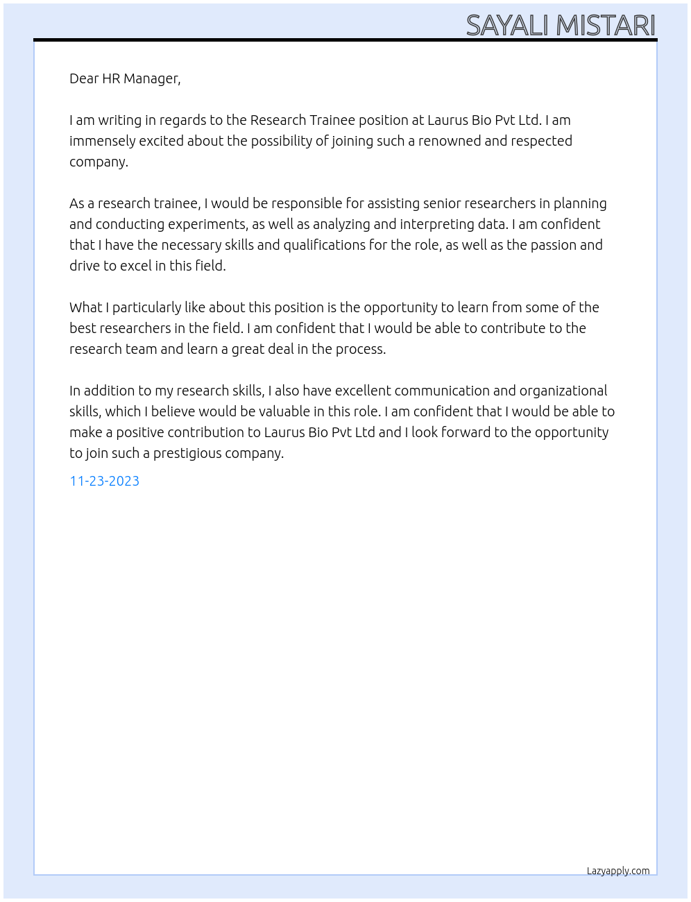 Research Trainee At Laurus Bio Pvt Ltd Cover Letter