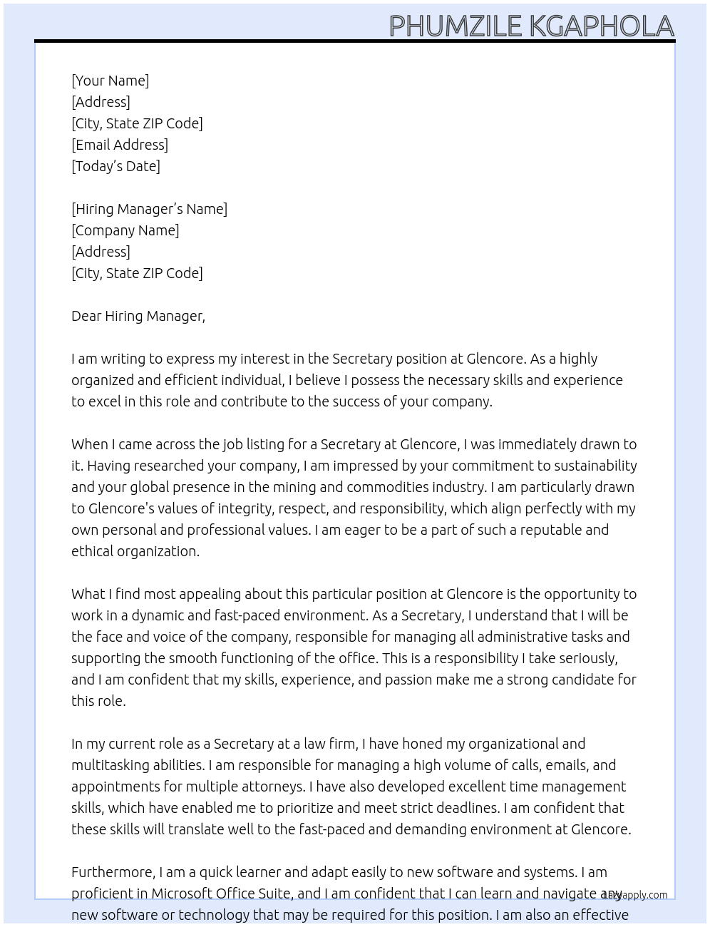 Secretary At Glencore Cover Letter