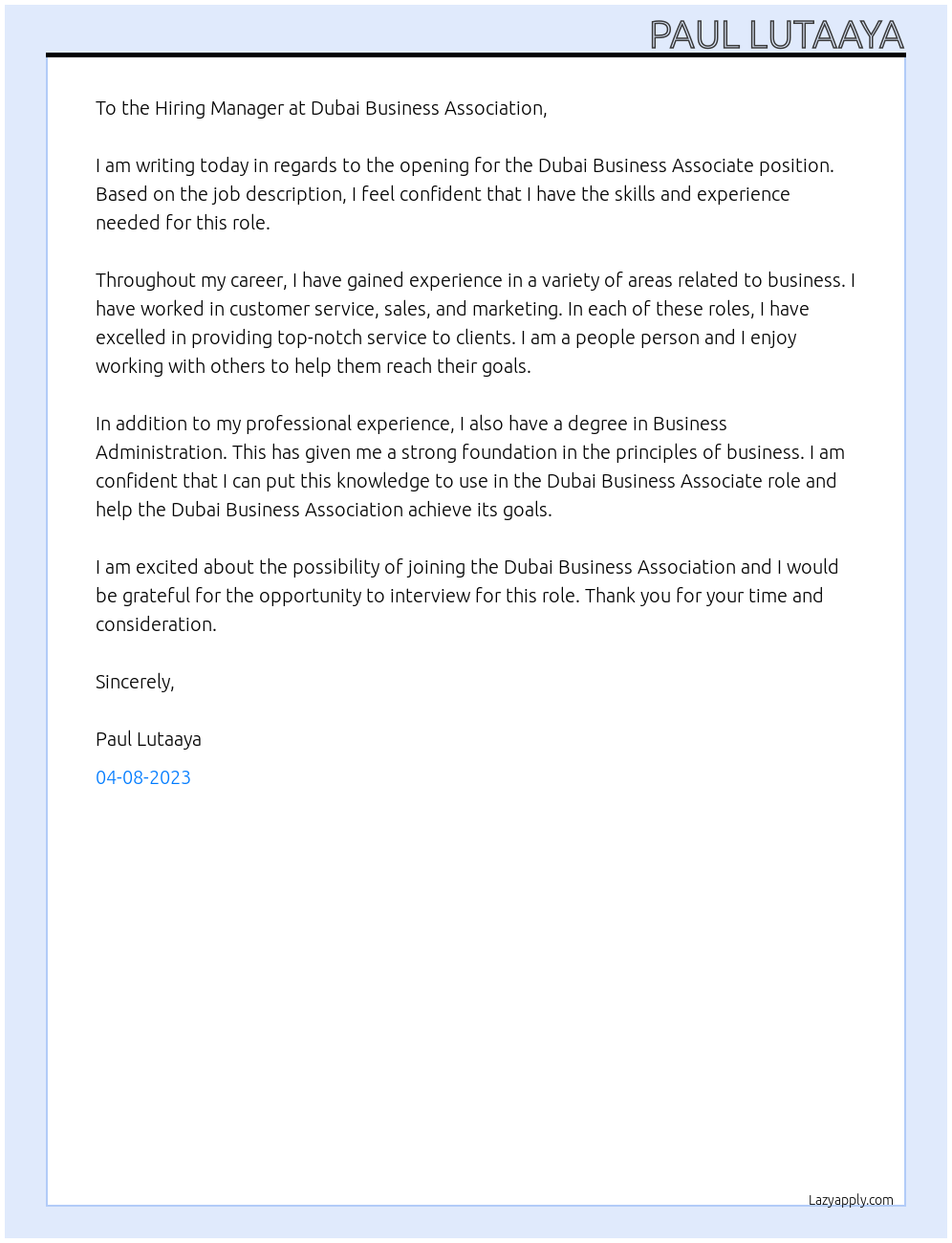 Dubai Business Associate At Dubai Business Association Cover Letter