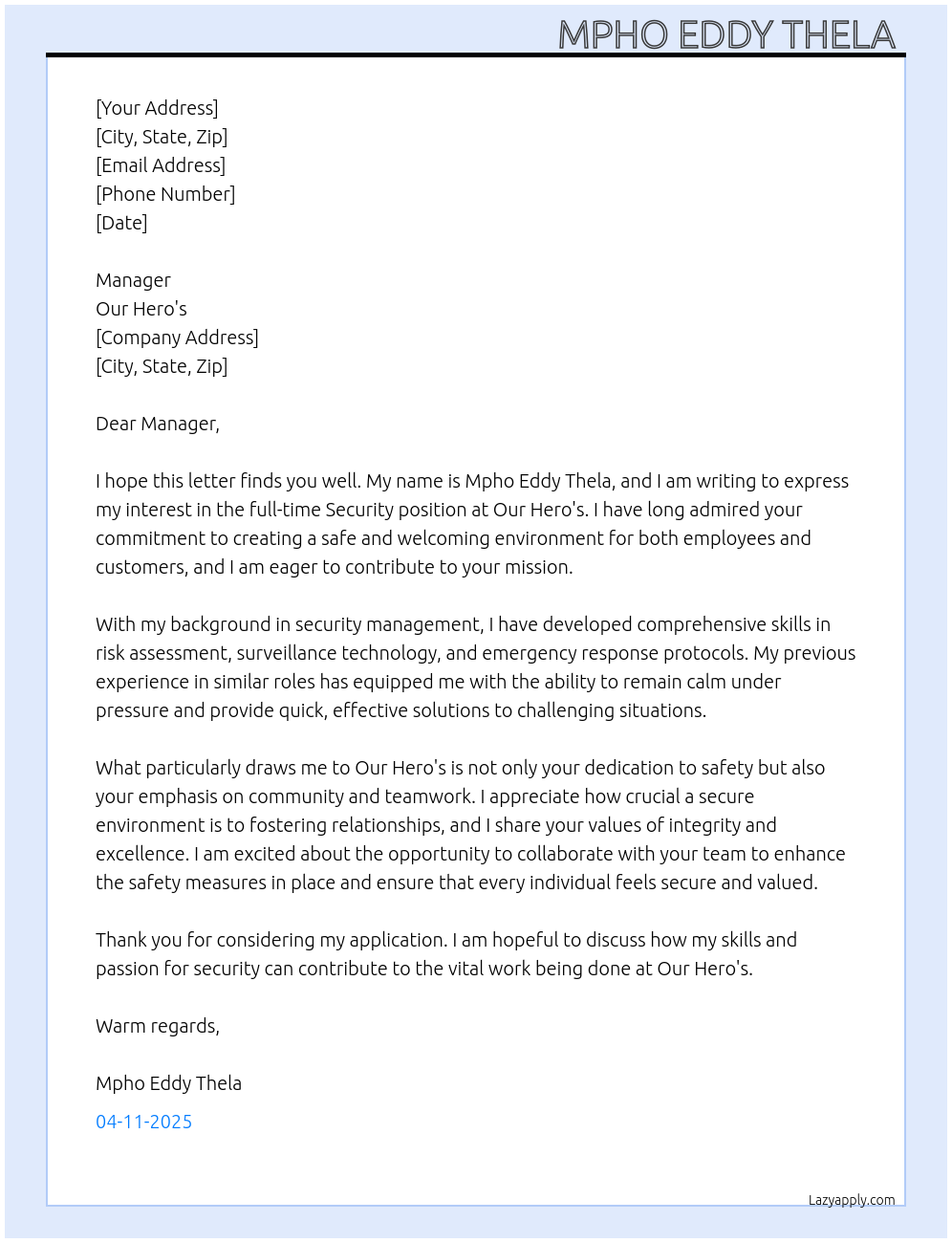 Security  At Our hero's Cover Letter