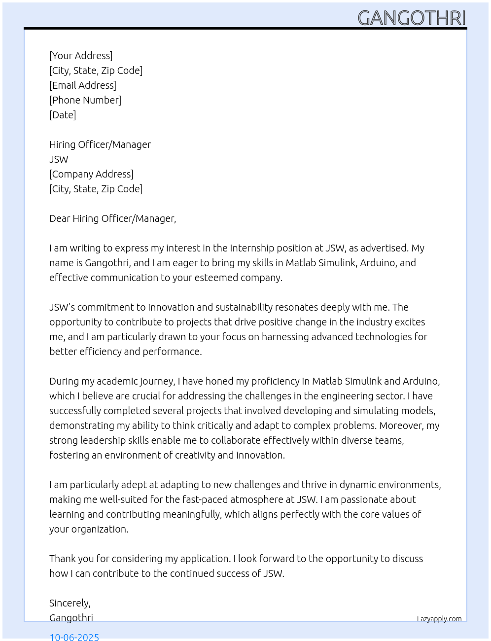 Internship At JSW Cover Letter